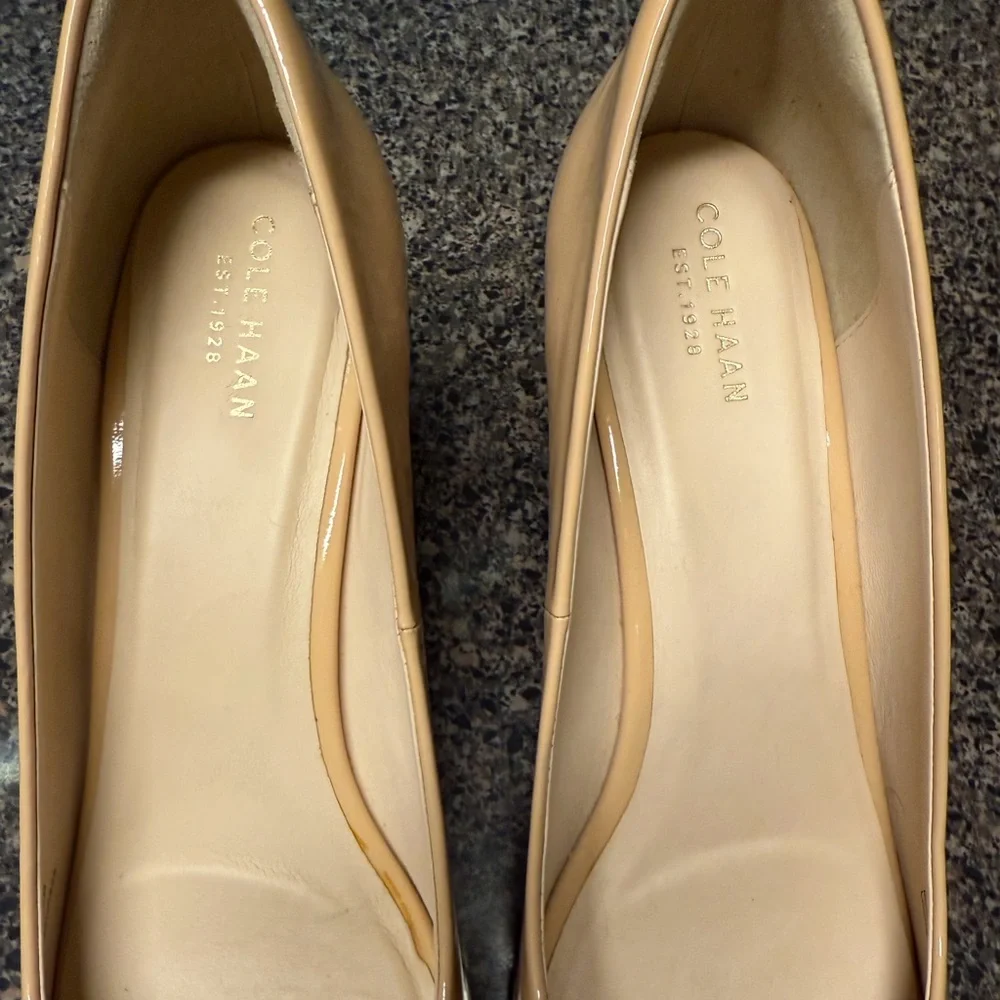 “COLE HAAN” Sadie Patent Leather Peep-Toe Wedges